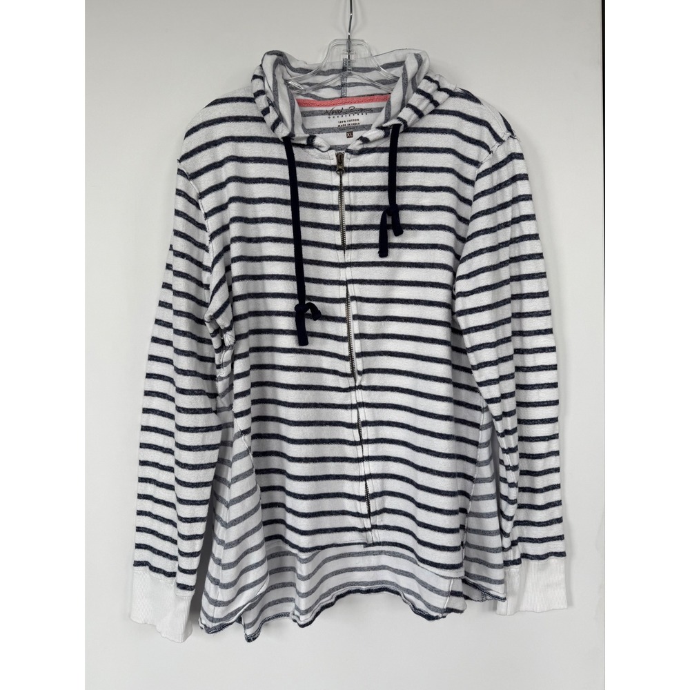 North River Outfitters Womens XL Striped Zip Up Hoodie White Navy Blue Nautical - Picture 2 of 8
